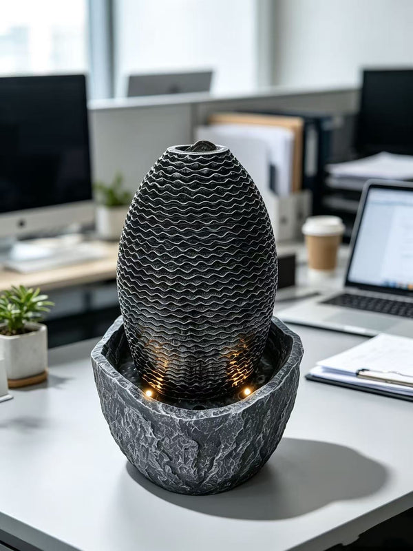 Humpty Egg-Shaped Desktop Fountain – Black & Charcoal Cement Fibreglass with LED Lights