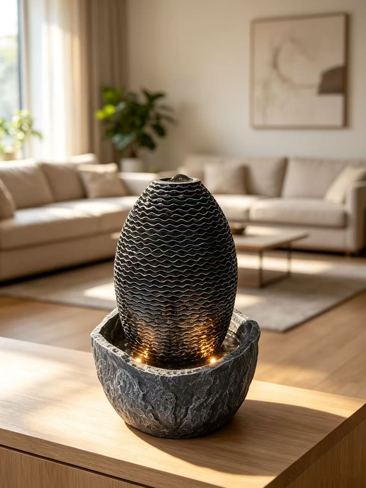 Humpty Egg-Shaped Desktop Fountain – Black & Charcoal Cement Fibreglass with LED Lights