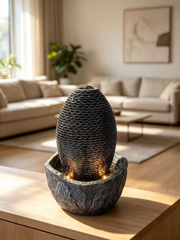 Humpty Egg-Shaped Desktop Fountain – Black & Charcoal Cement Fibreglass with LED Lights