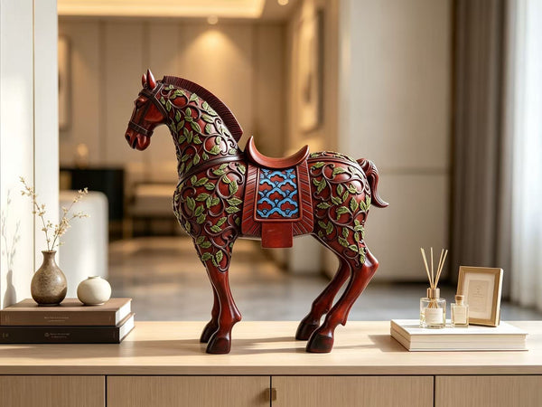 Majestico Horse Ornament – Deep Red-Brown with Green Leaf Patterns & Blue-Accented Saddle