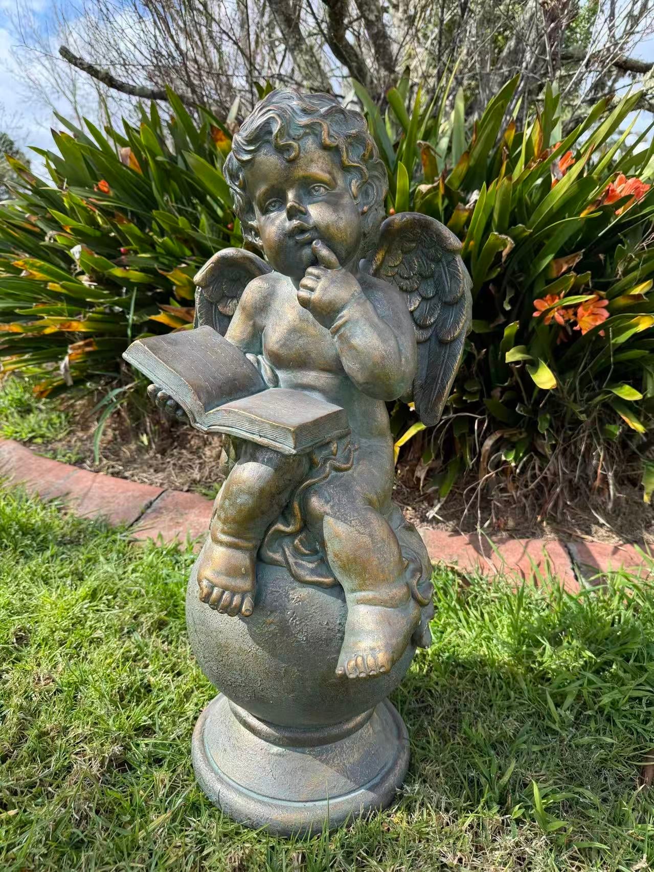 Sussurro Cherub Statue – Bronze, Gold & Blue MGO – Outdoor Garden Feature