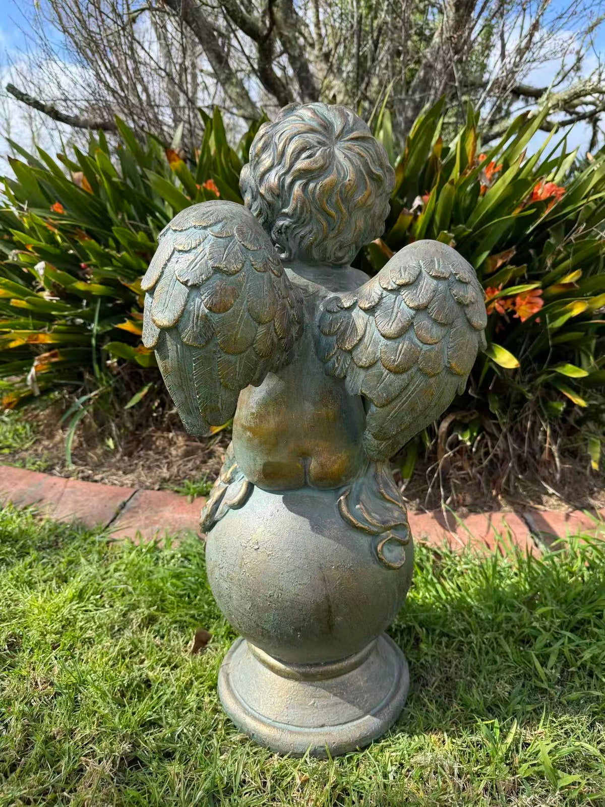 Sussurro Cherub Statue – Bronze, Gold & Blue MGO – Outdoor Garden Feature