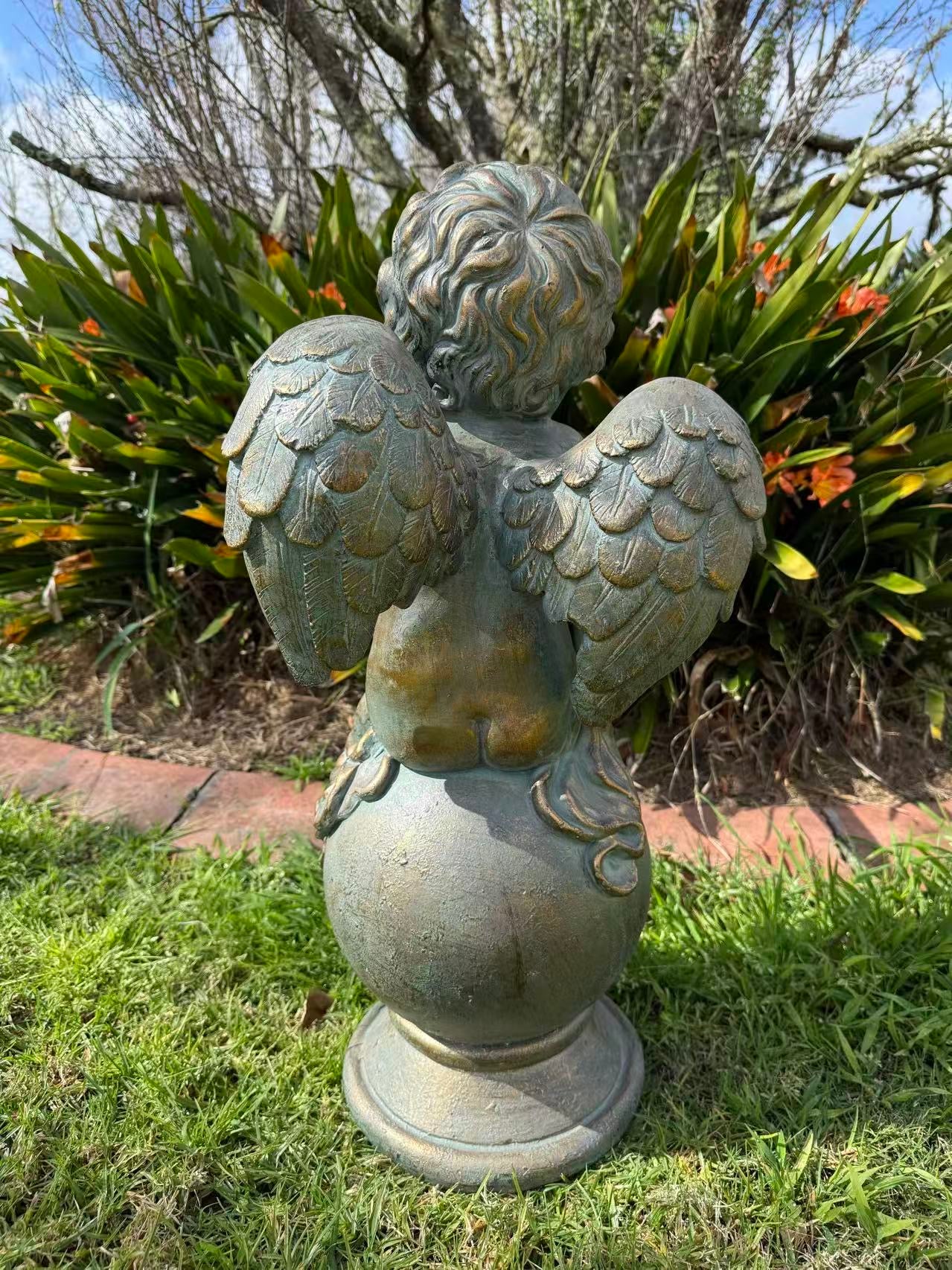 Sussurro Cherub Statue – Bronze, Gold & Blue MGO – Outdoor Garden Feature