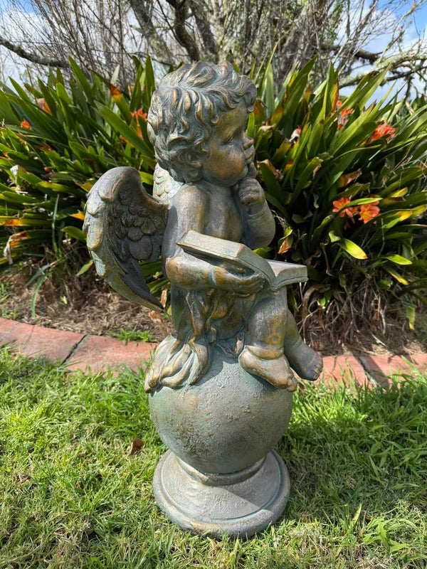 Sussurro Cherub Statue – Bronze, Gold & Blue MGO – Outdoor Garden Feature
