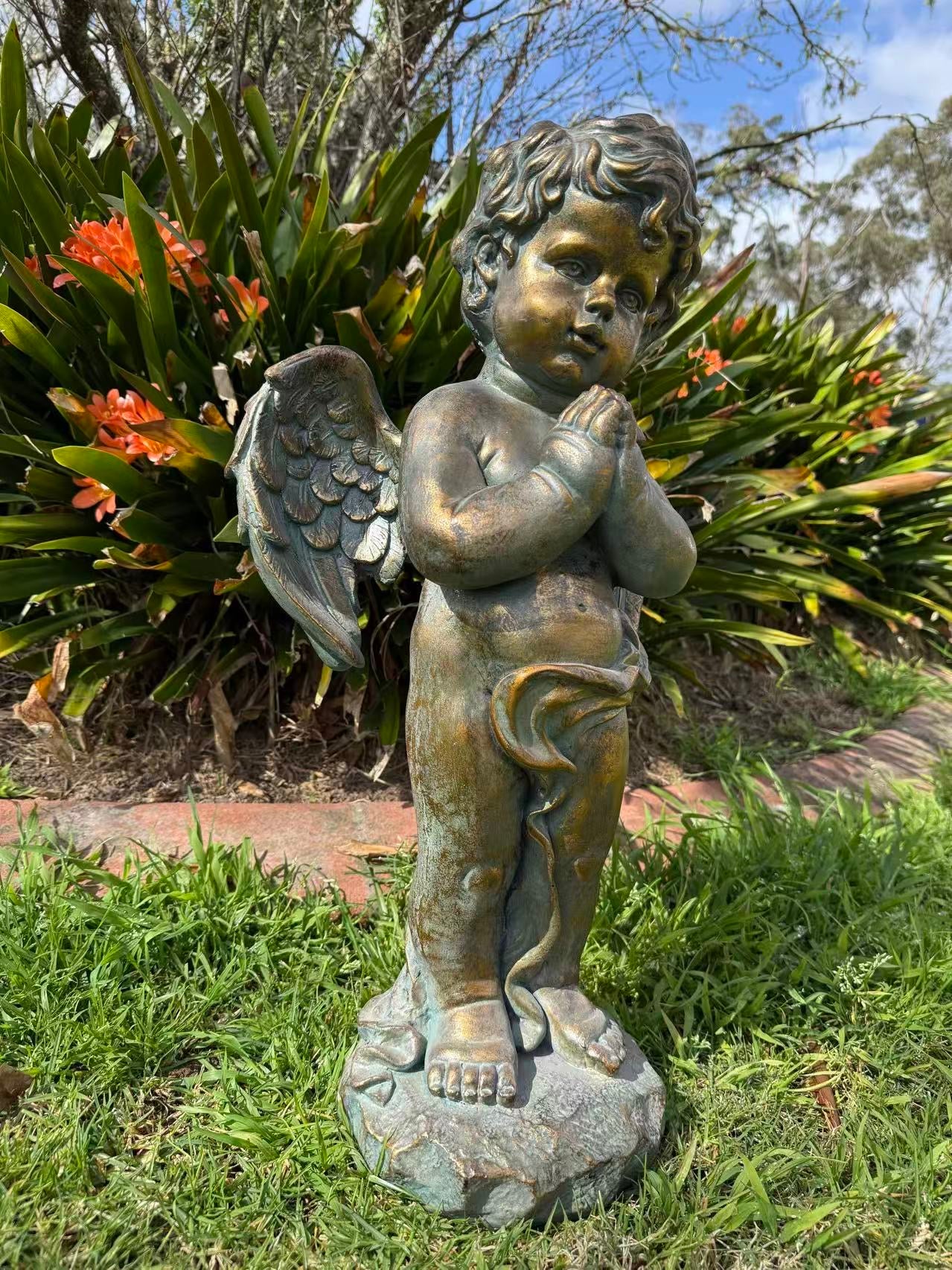 Serenata Cherub Statue – Bronze, Gold & Blue MGO – Outdoor Garden Feature