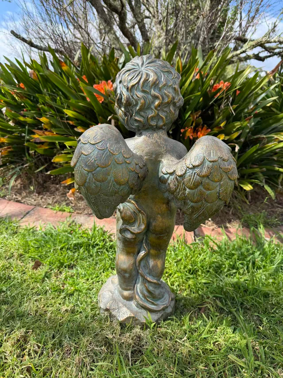 Serenata Cherub Statue – Bronze, Gold & Blue MGO – Outdoor Garden Feature