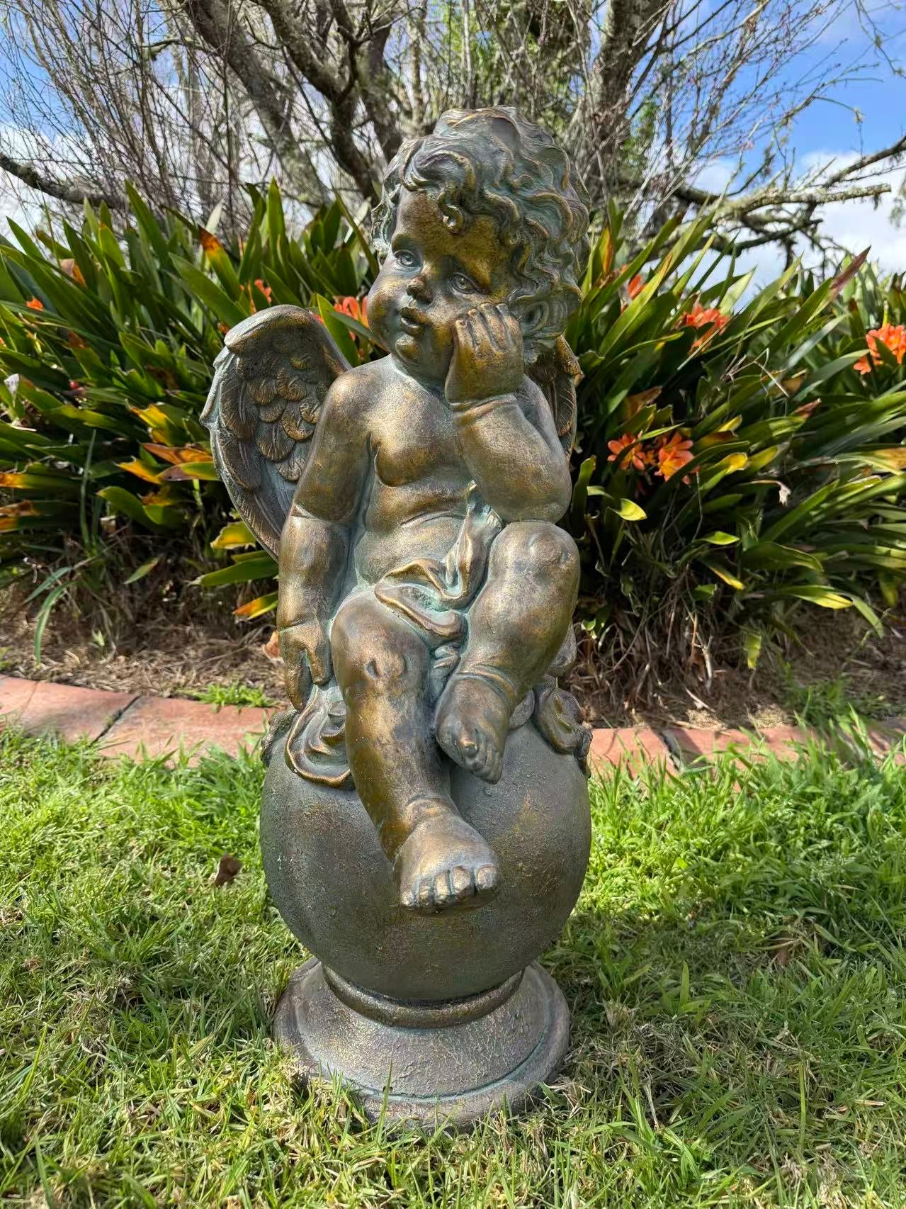 Ascolta Cherub Statue – Bronze, Gold & Blue MGO – Outdoor Garden Feature