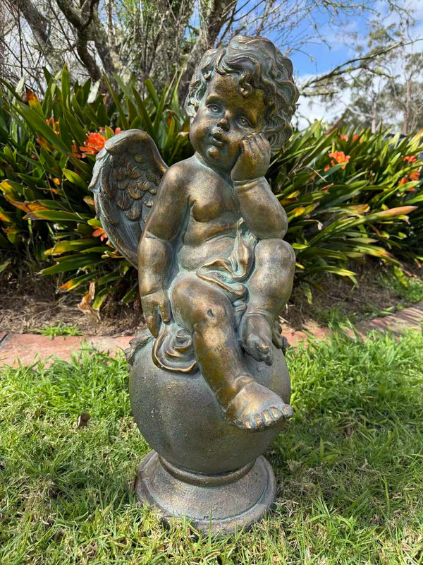 Ascolta Cherub Statue – Bronze, Gold & Blue MGO – Outdoor Garden Feature