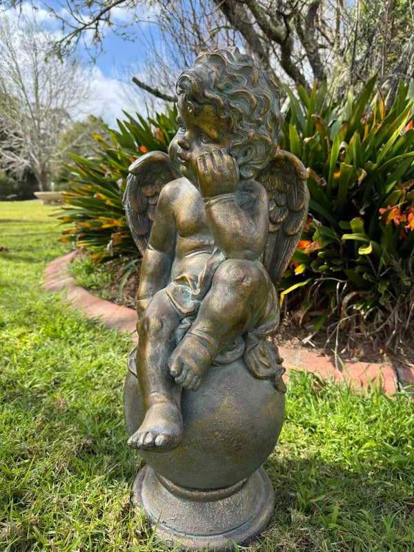 Ascolta Cherub Statue – Bronze, Gold & Blue MGO – Outdoor Garden Feature