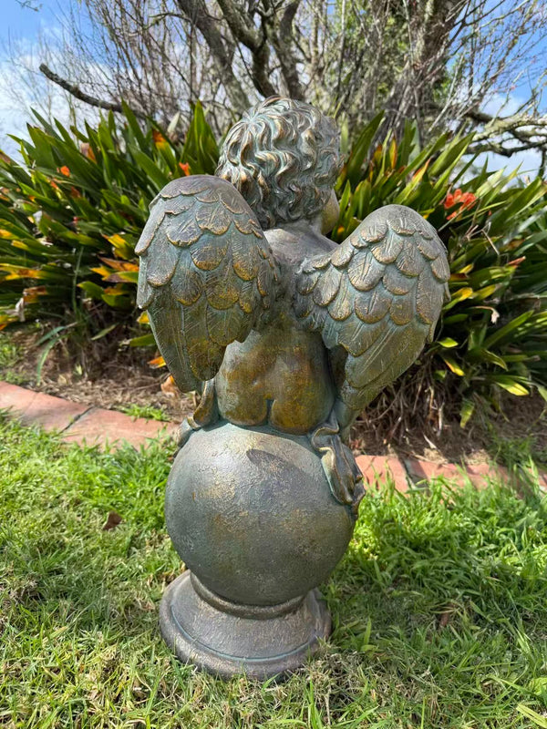 Ascolta Cherub Statue – Bronze, Gold & Blue MGO – Outdoor Garden Feature
