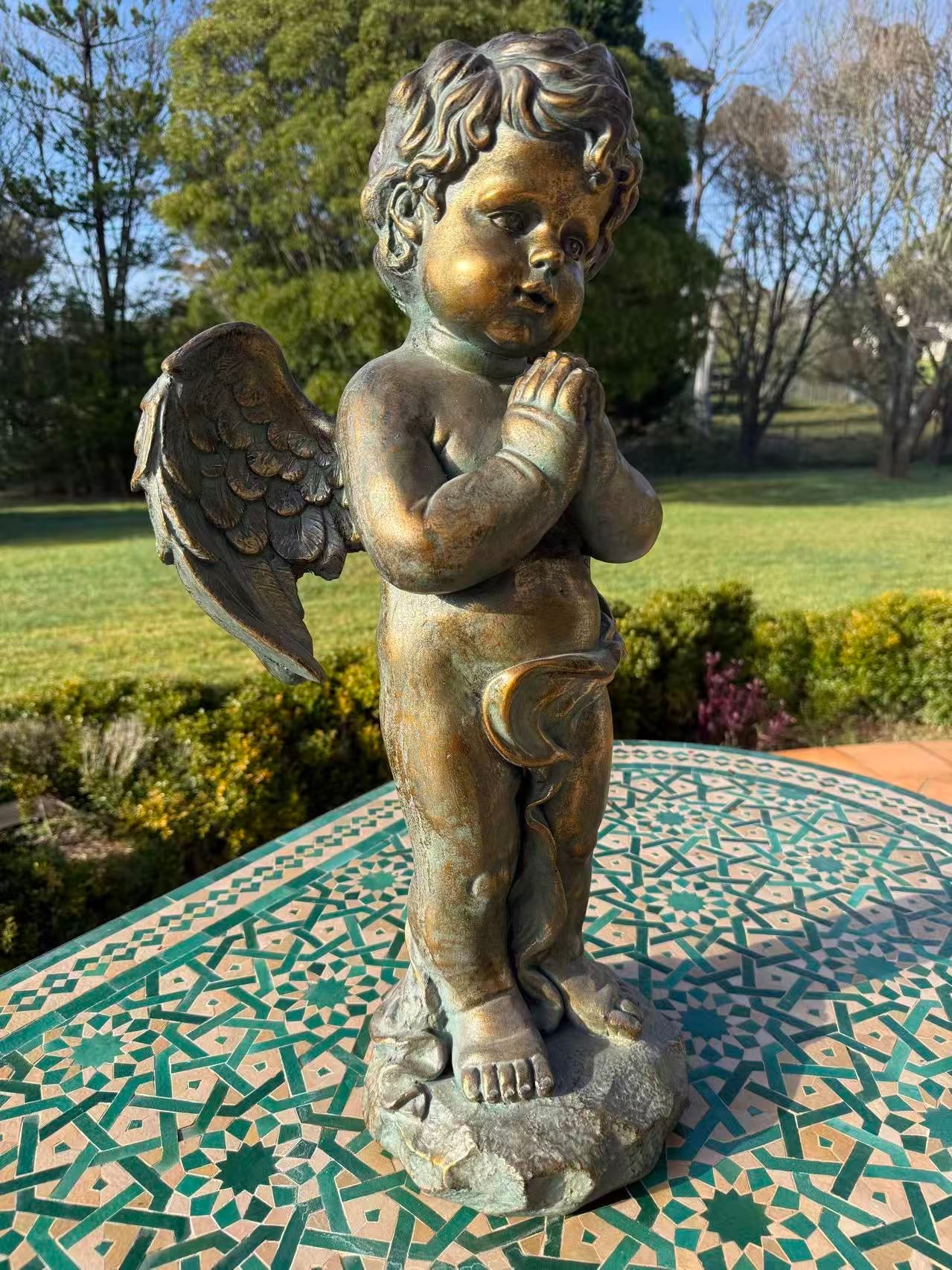 Serenata Cherub Statue – Bronze, Gold & Blue MGO – Outdoor Garden Feature