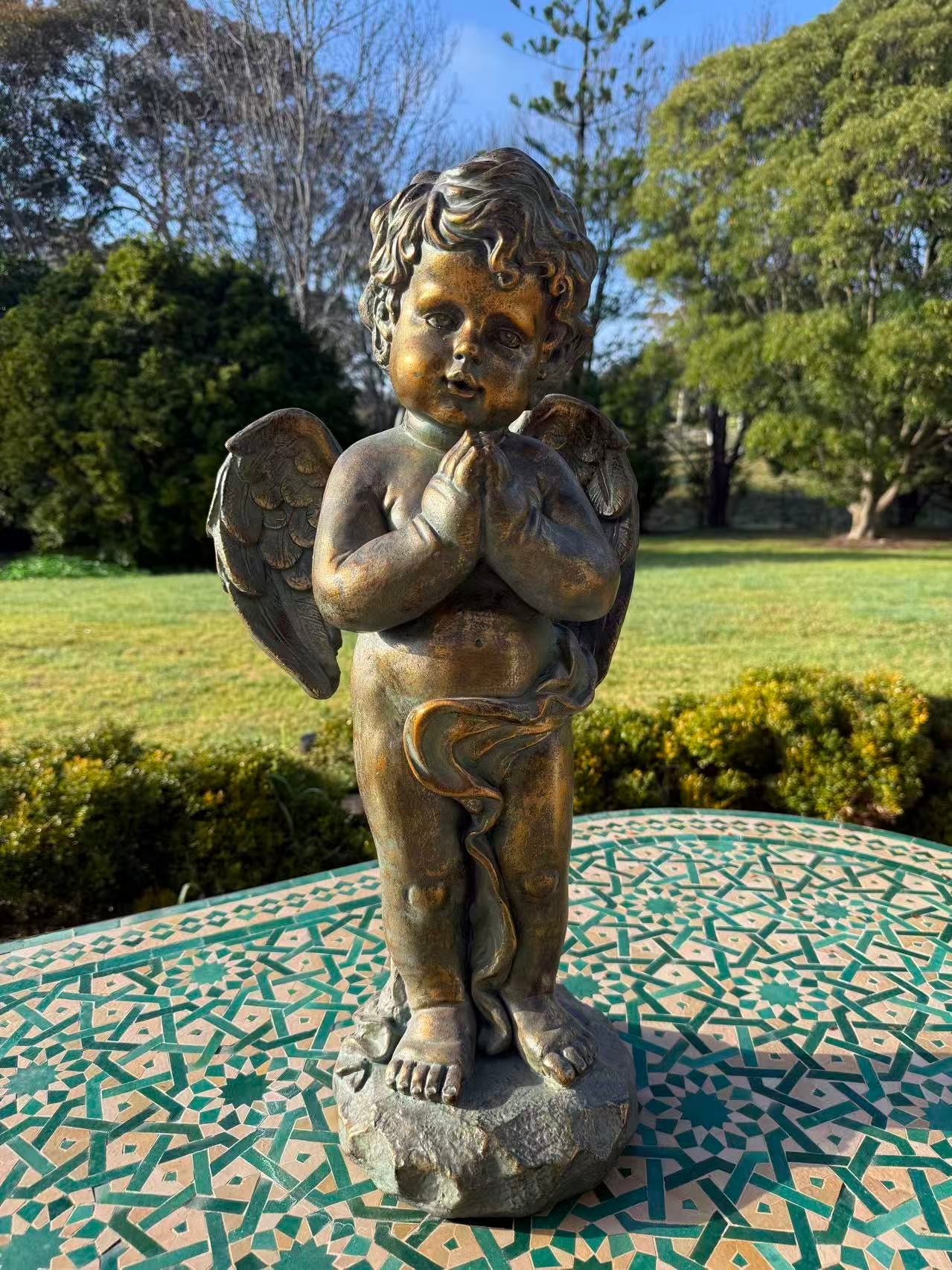 Serenata Cherub Statue – Bronze, Gold & Blue MGO – Outdoor Garden Feature