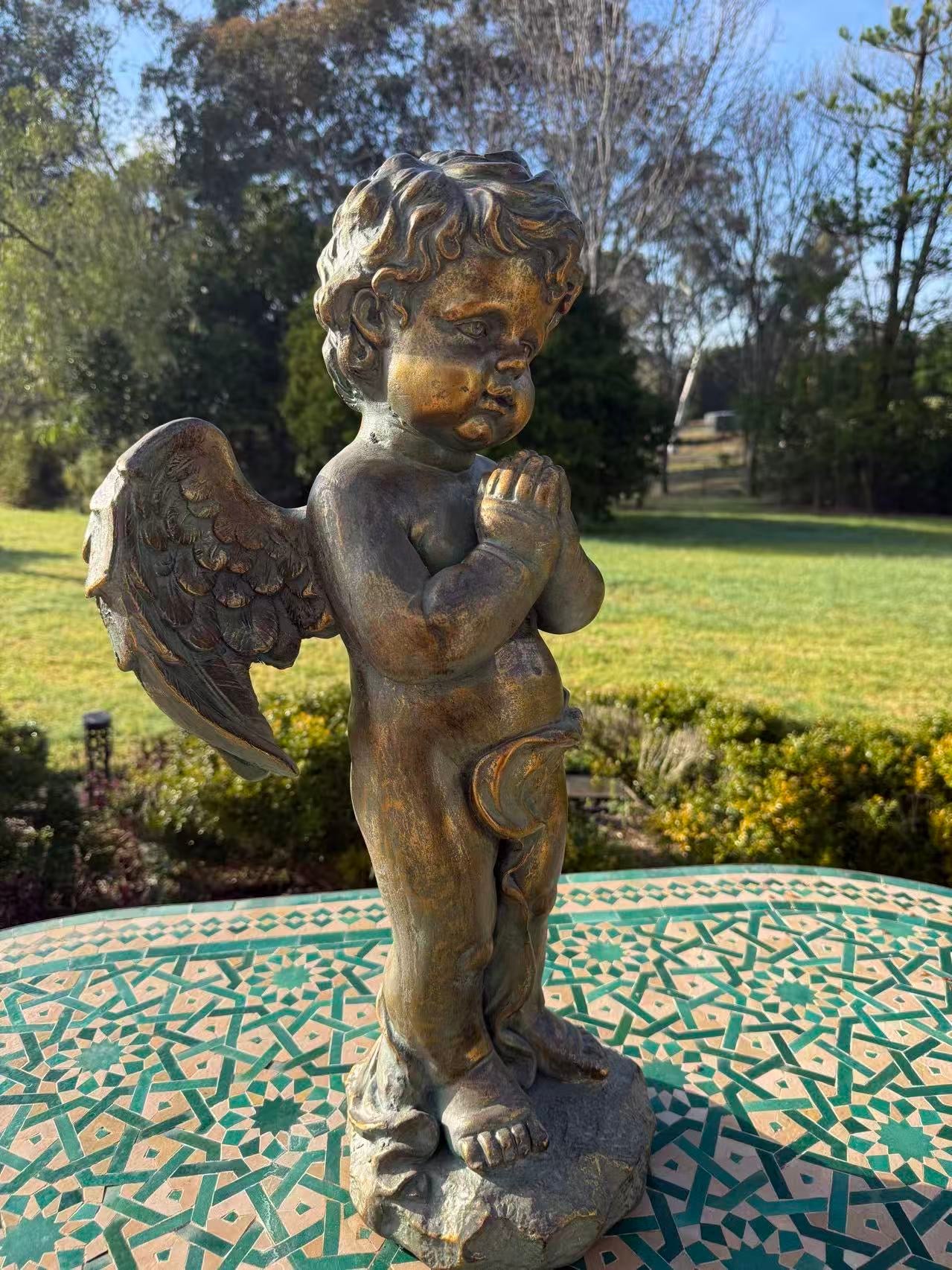 Serenata Cherub Statue – Bronze, Gold & Blue MGO – Outdoor Garden Feature