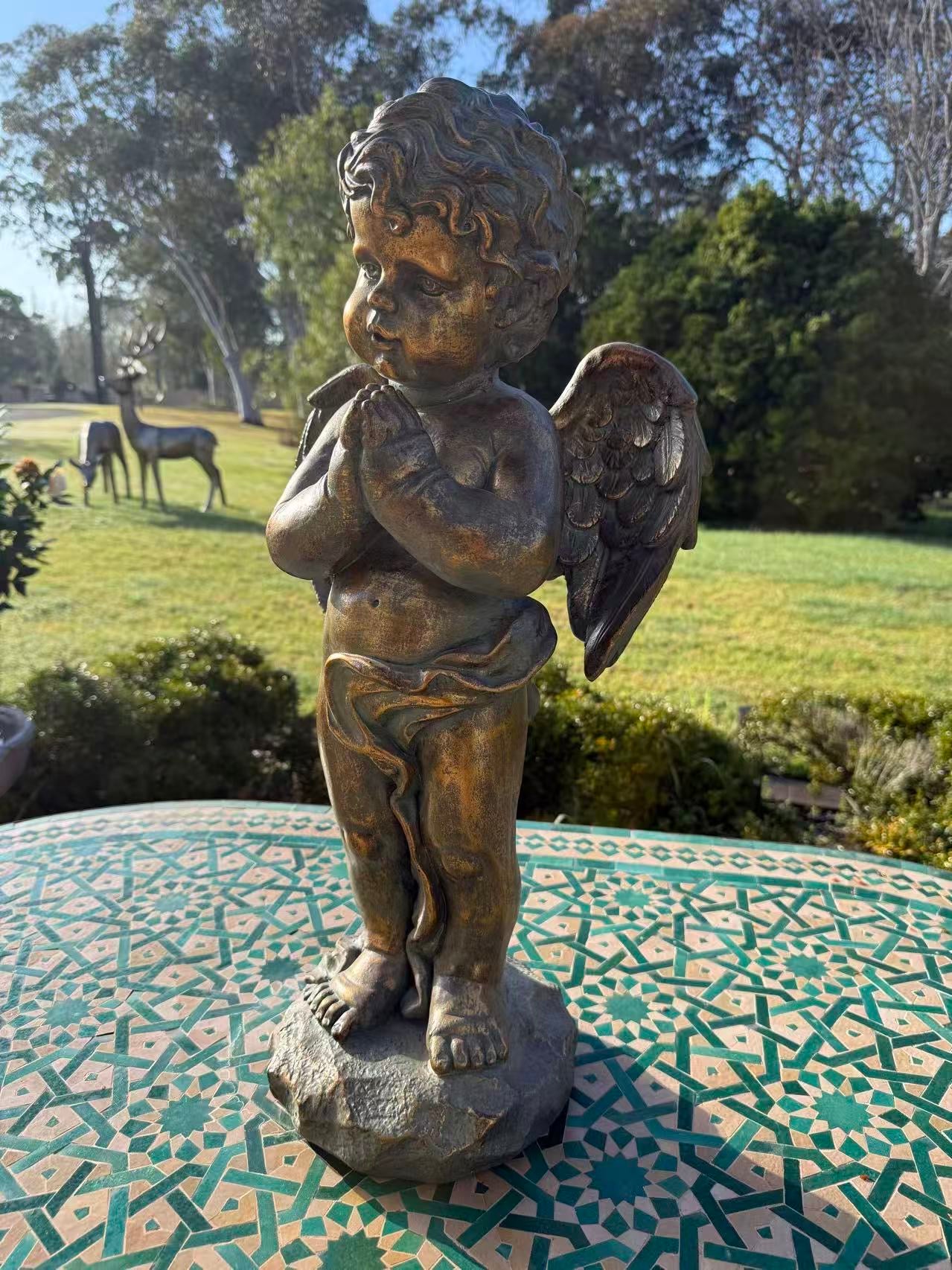 Serenata Cherub Statue – Bronze, Gold & Blue MGO – Outdoor Garden Feature