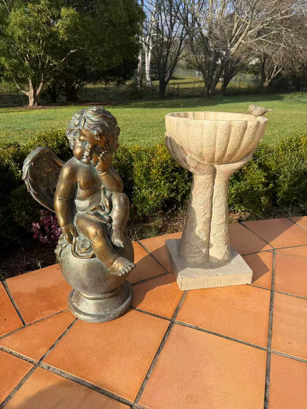 Ascolta Cherub Statue – Bronze, Gold & Blue MGO – Outdoor Garden Feature