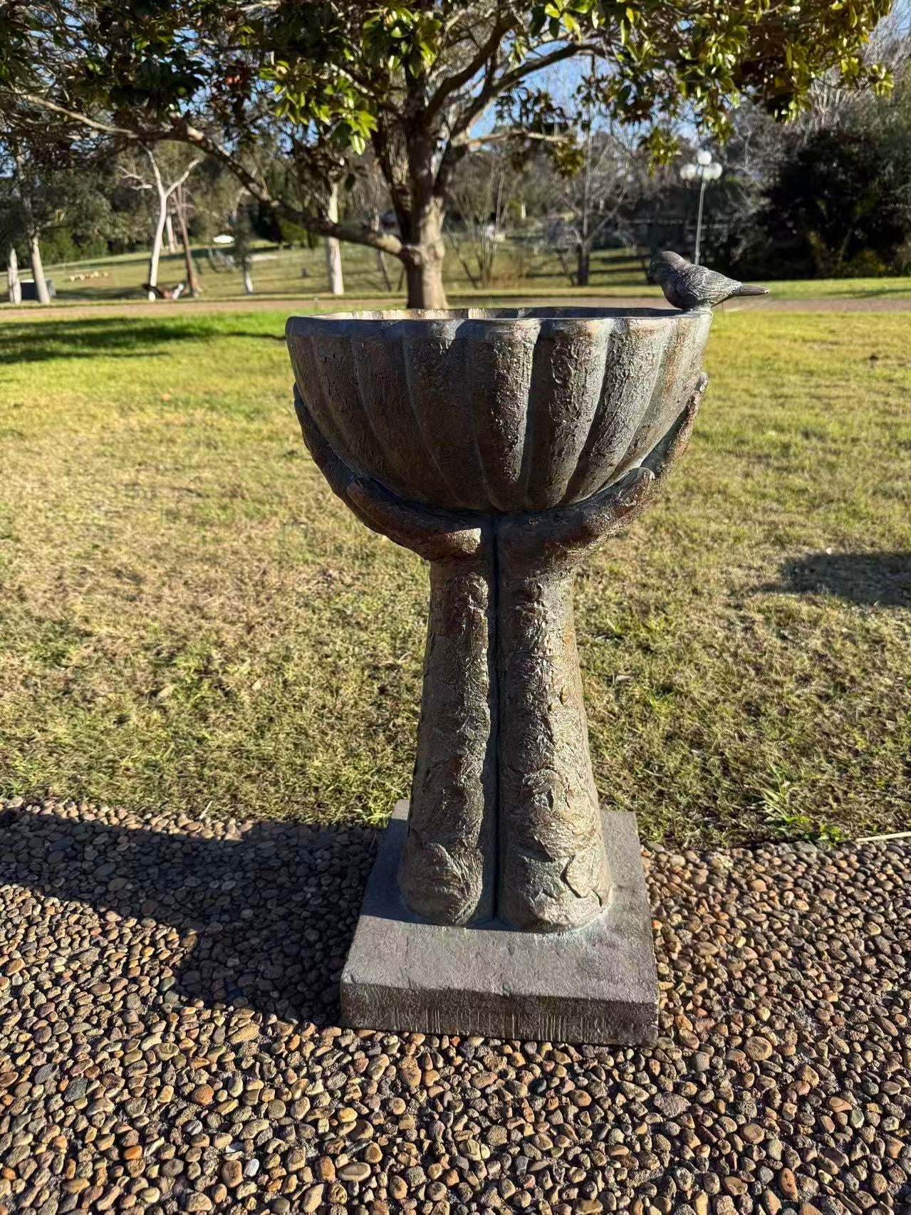 Fierta Birdbath – Hand-Held Scalloped Bowl, Aged Bronze-Verdigris MGO Finish