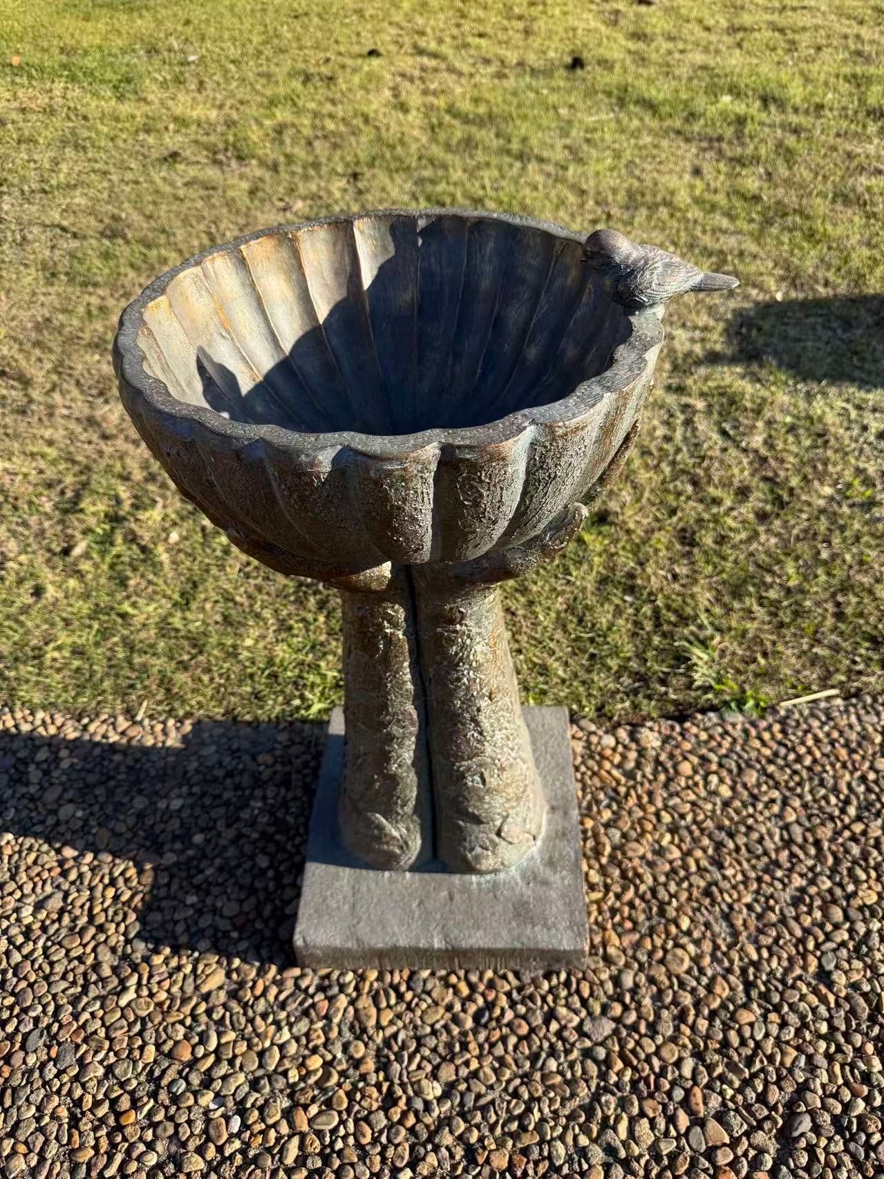 Fierta Birdbath – Hand-Held Scalloped Bowl, Aged Bronze-Verdigris MGO Finish