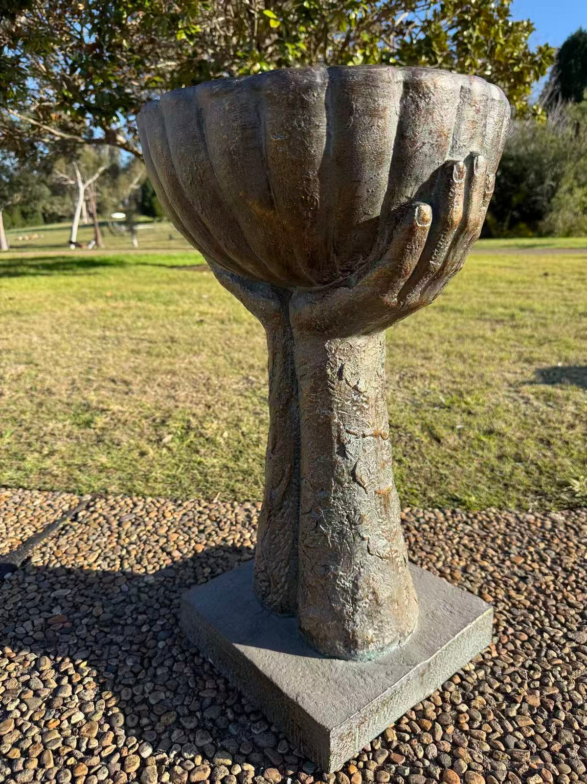 Fierta Birdbath – Hand-Held Scalloped Bowl, Aged Bronze-Verdigris MGO Finish