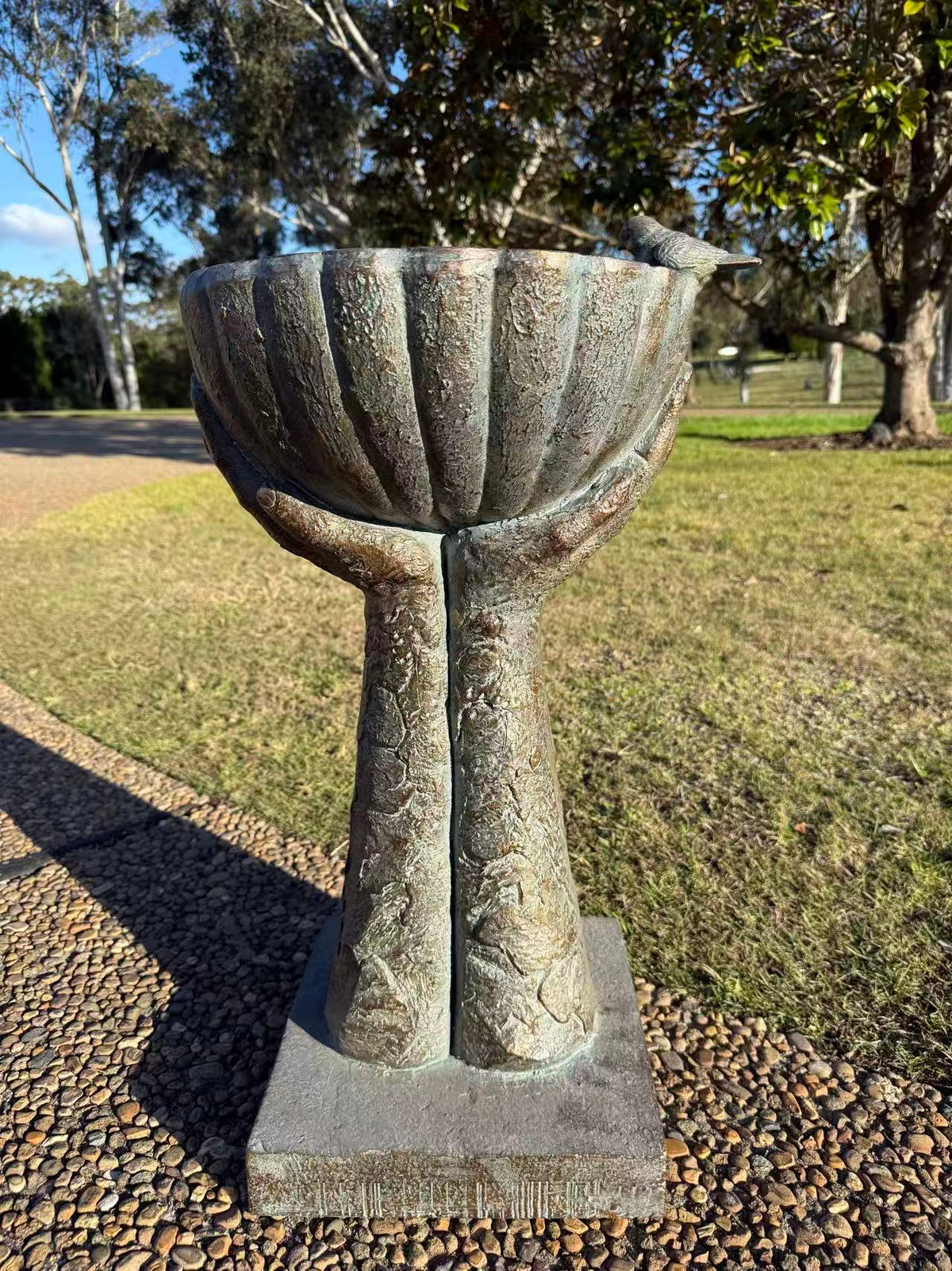 Fierta Birdbath – Hand-Held Scalloped Bowl, Aged Bronze-Verdigris MGO Finish