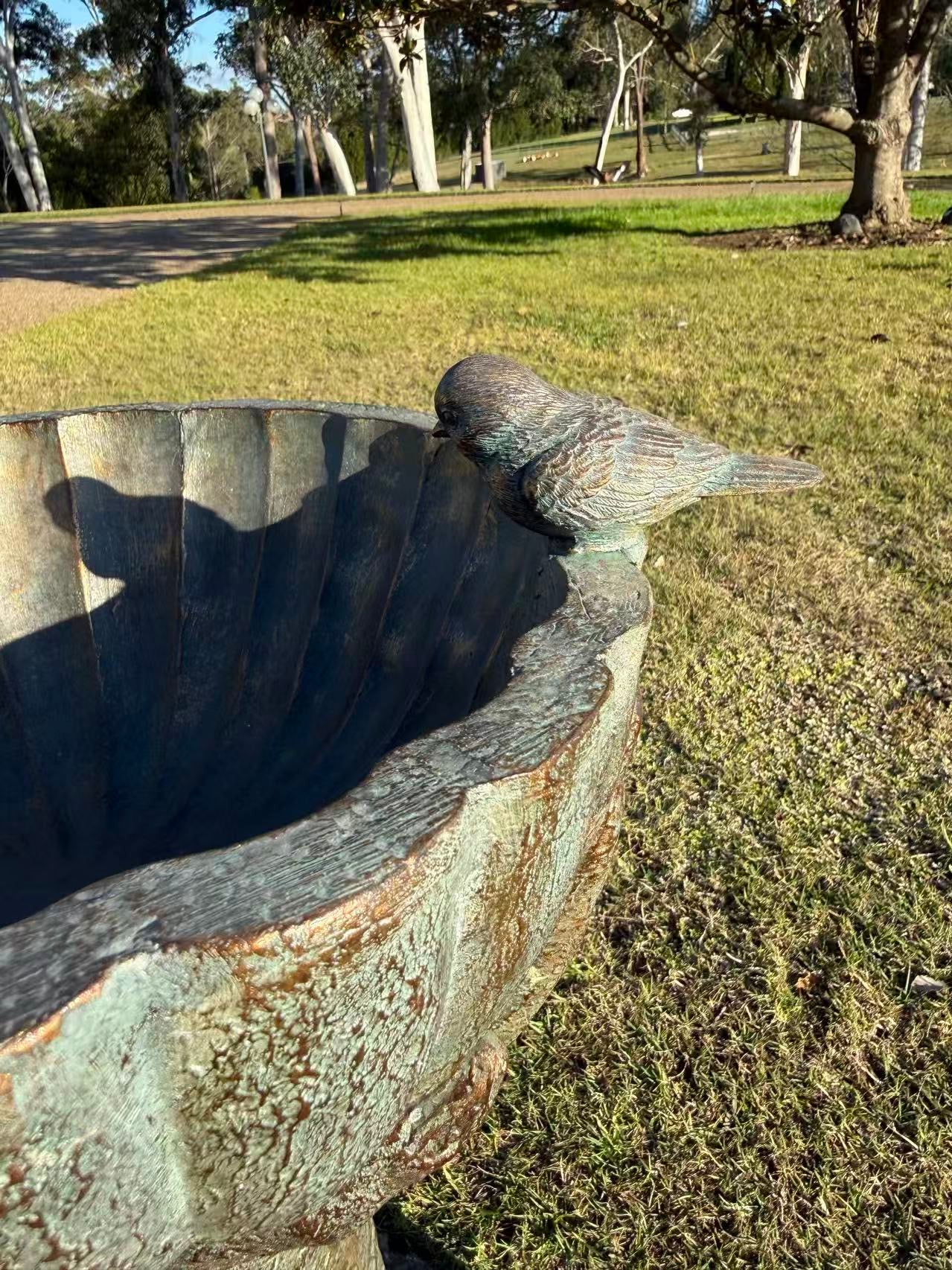 Fierta Birdbath – Hand-Held Scalloped Bowl, Aged Bronze-Verdigris MGO Finish