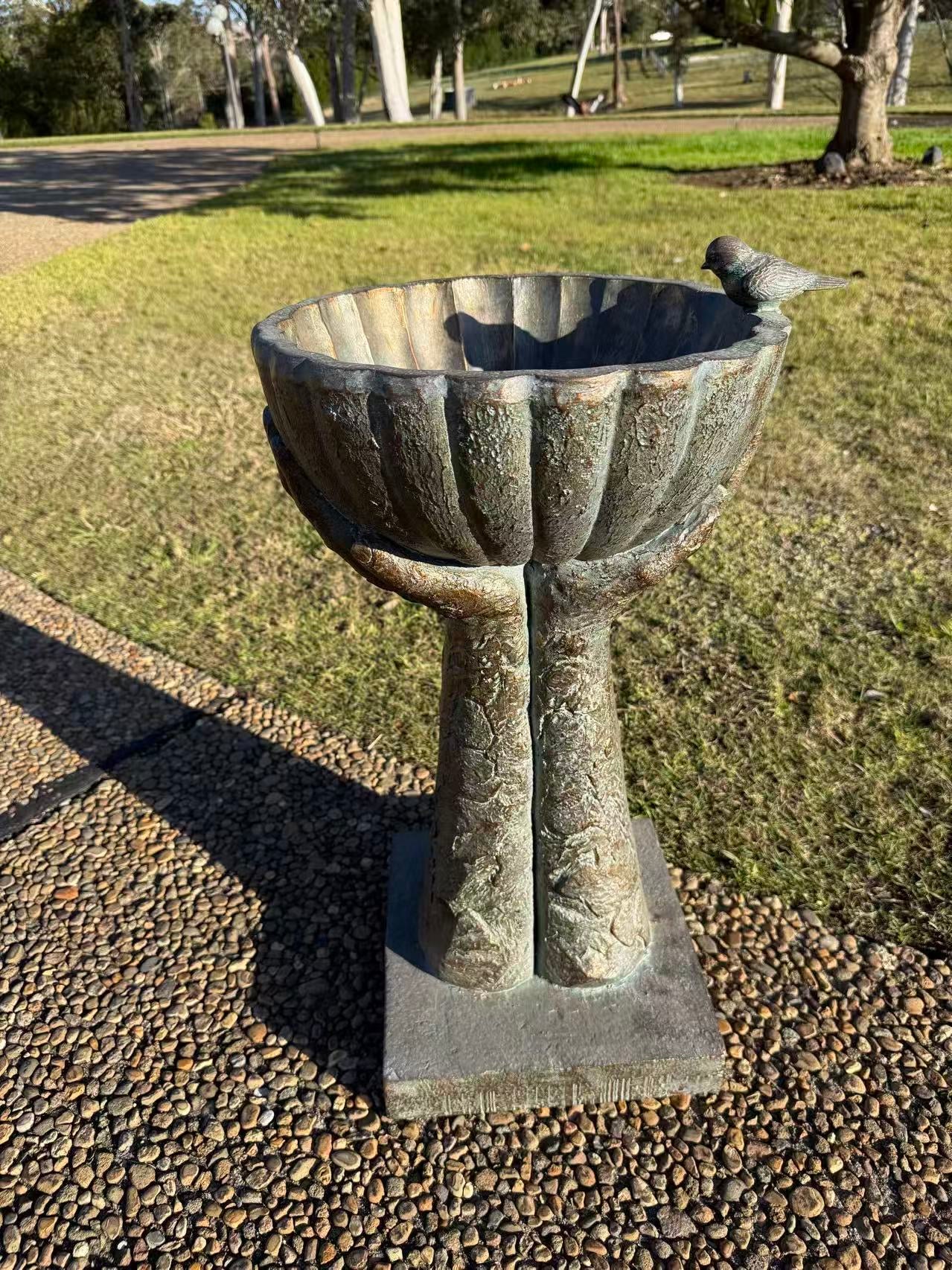 Fierta Birdbath – Hand-Held Scalloped Bowl, Aged Bronze-Verdigris MGO Finish