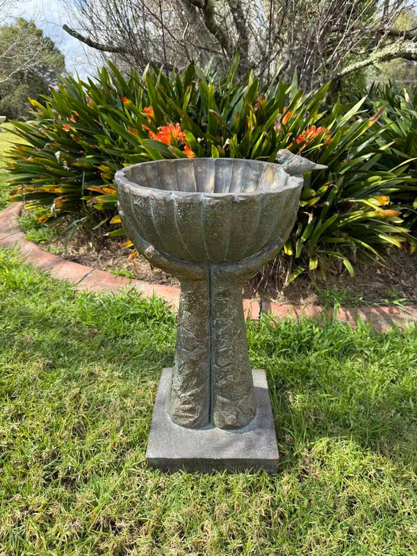 Fierta Birdbath – Hand-Held Scalloped Bowl, Aged Bronze-Verdigris MGO Finish