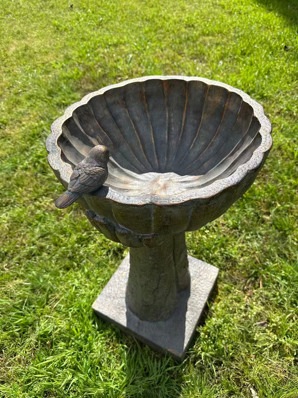 Fierta Birdbath – Hand-Held Scalloped Bowl, Aged Bronze-Verdigris MGO Finish