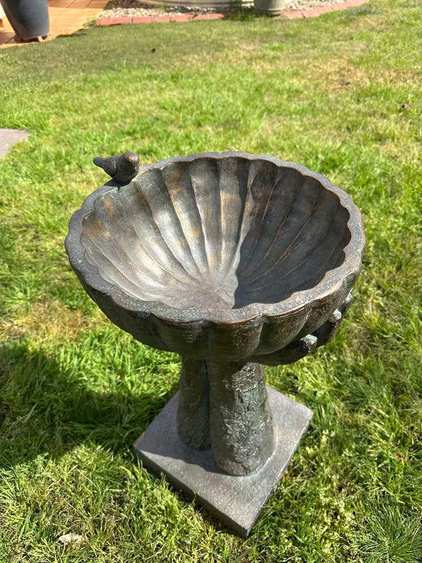 Fierta Birdbath – Hand-Held Scalloped Bowl, Aged Bronze-Verdigris MGO Finish