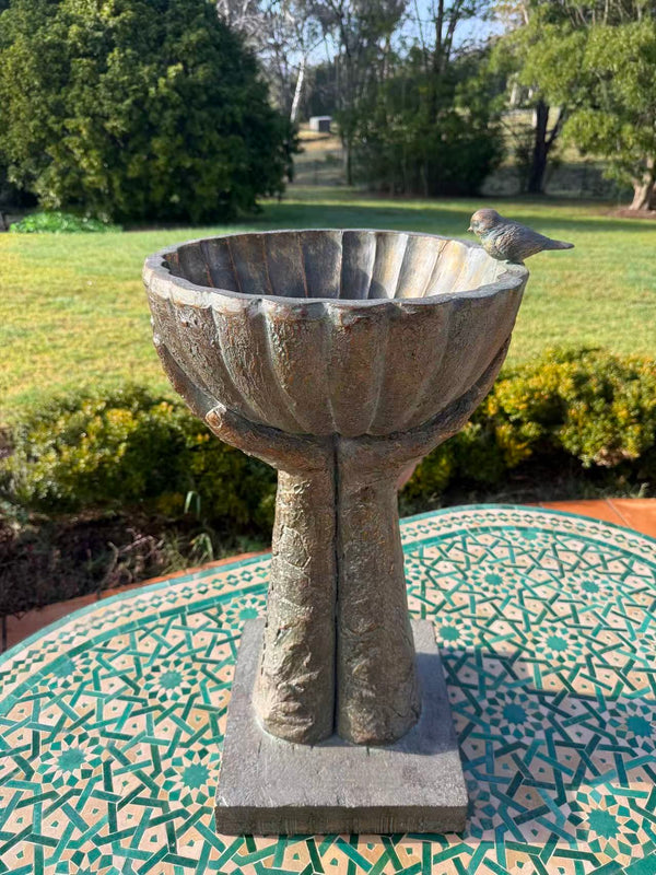 Fierta Birdbath – Hand-Held Scalloped Bowl, Aged Bronze-Verdigris MGO Finish