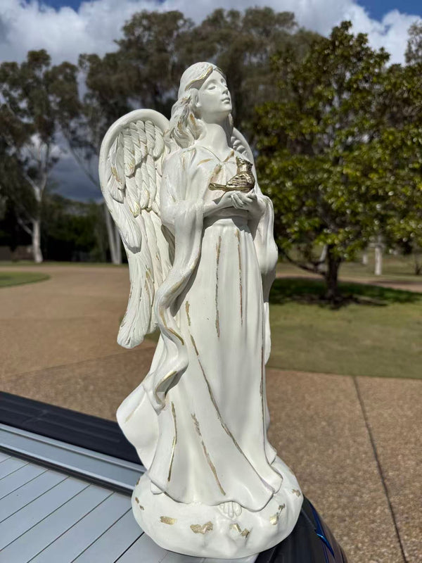 Angelica Angel Statue – Gold Bird Accent, MGO – Garden & Home Decor, 46cm