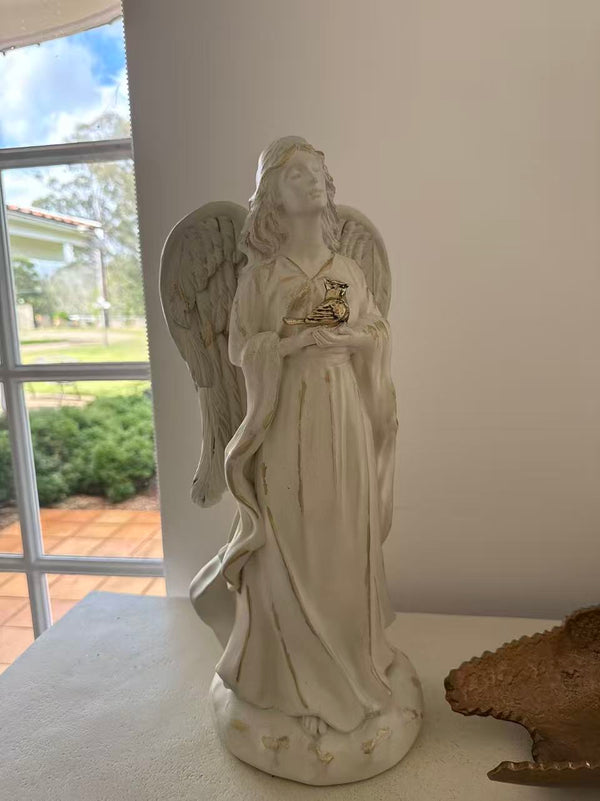 Angelica Angel Statue – Gold Bird Accent, MGO – Garden & Home Decor, 46cm