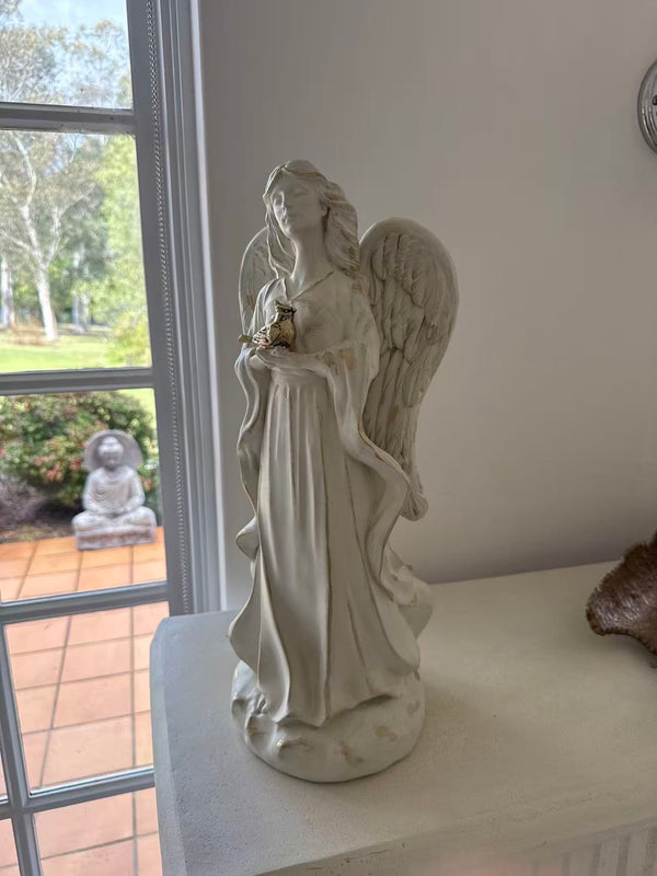 Angelica Angel Statue – Gold Bird Accent, MGO – Garden & Home Decor, 46cm