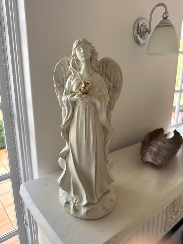 Angelica Angel Statue – Gold Bird Accent, MGO – Garden & Home Decor, 46cm