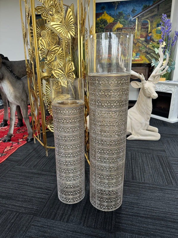 Gold Pillars Candle Metal Holders Set 2 Gold Colour