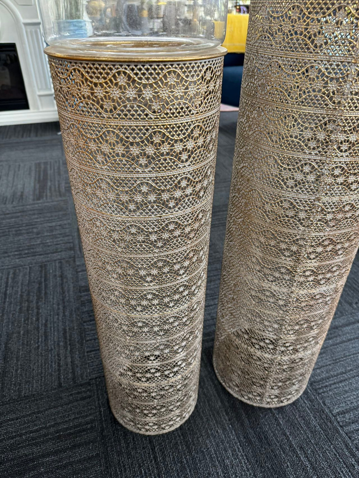 Gold Pillars Candle Metal Holders Set 2 Gold Colour