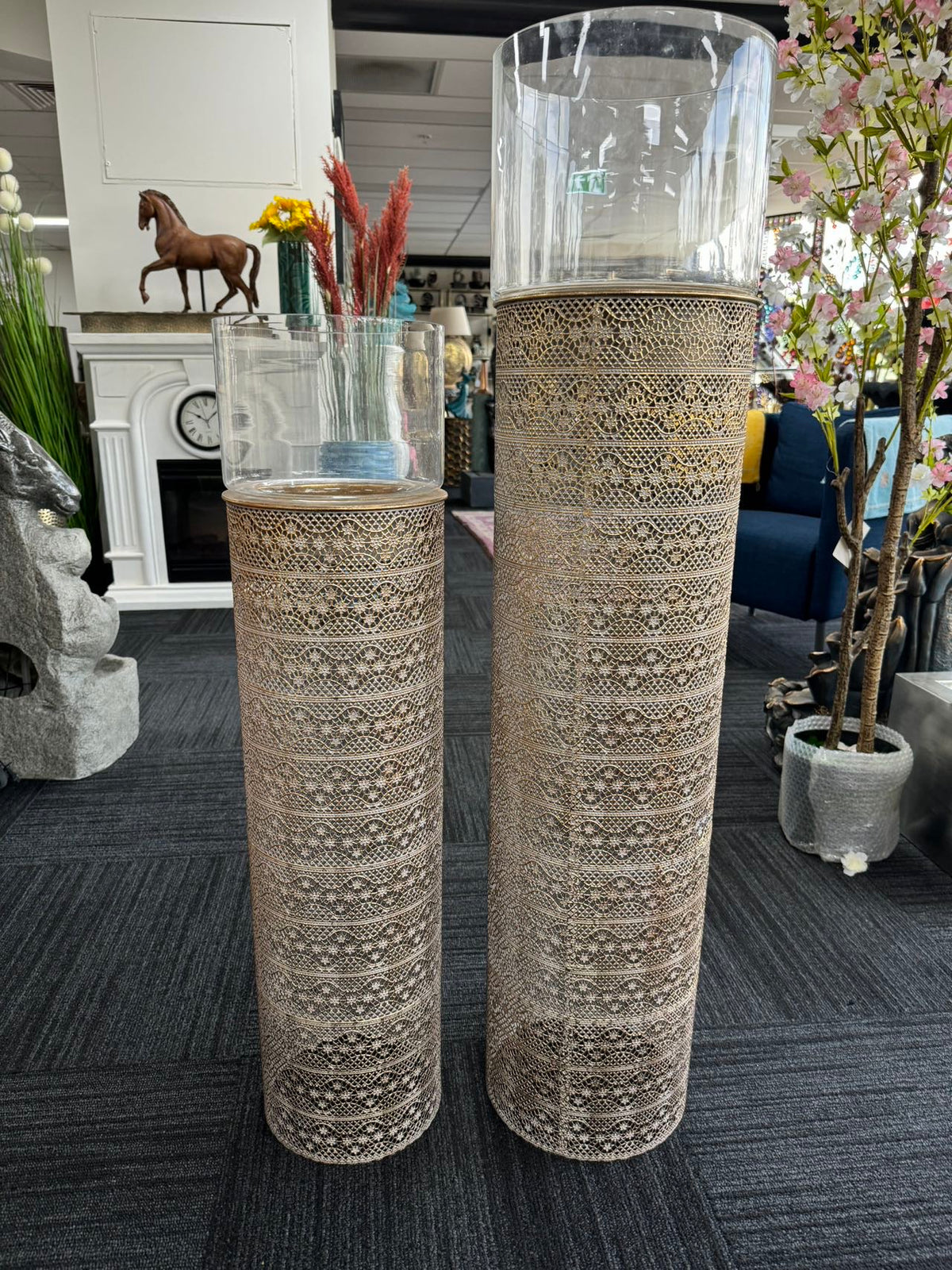 Gold Pillars Candle Metal Holders Set 2 Gold Colour