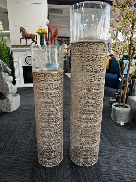 Gold Pillars Candle Metal Holders Set 2 Gold Colour