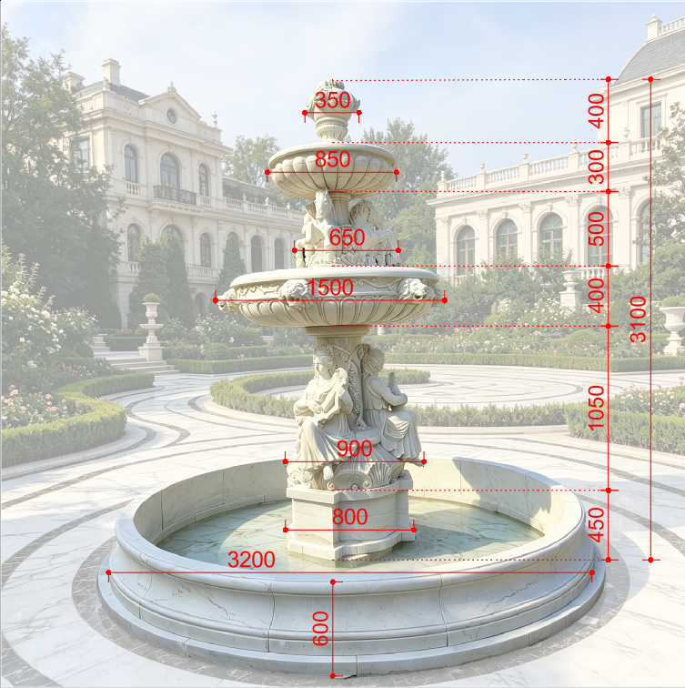 Regal Tiers Luxury 3-Tier Marble Fountain – Lion Heads, Lady Statues & Horses