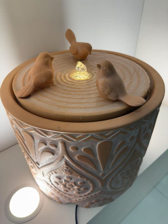 Balanegra Ceramic Water Feature in Clay Terracotta Earthy Colours with 3 Birds