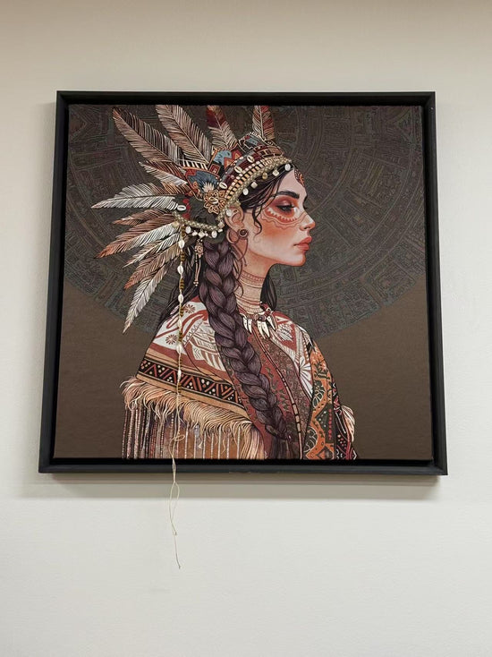 Native American Woman Printed Canvass Tapestry Texture Wall with 3D Jewellery Head Band