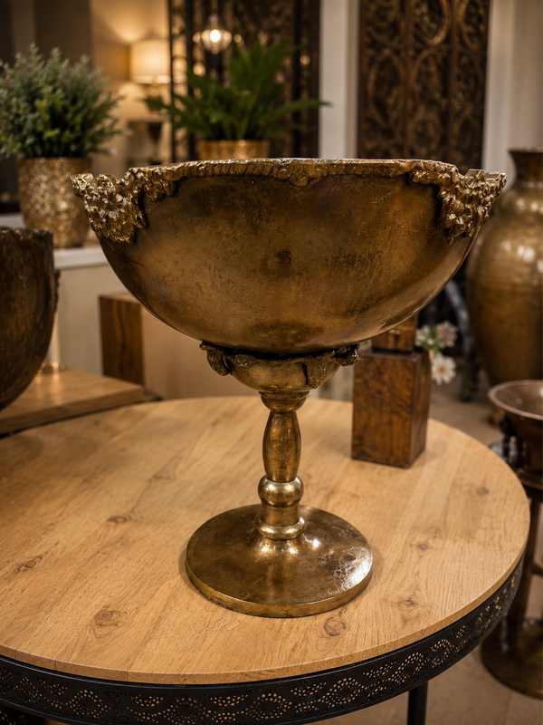 Menorca Vintage Antique Brass Shiny Colour Metal Vase Bowl with Stand Lush Collection