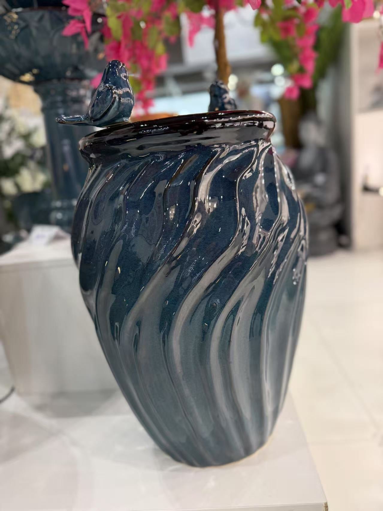 Isleta Glazed Ceramic Urn Shaped Blue Fountain with Birds
