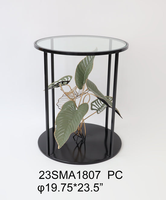 Borneo Black Metal Side Table with Green Leaves Summer Design Glass Top