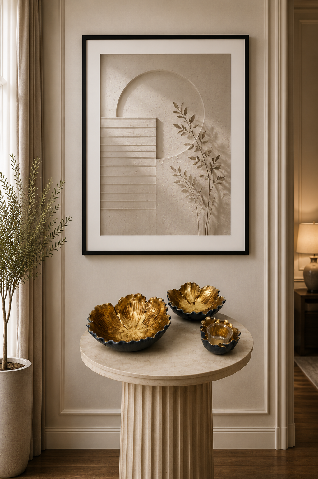 Flower Shaped Set Bowls Black & Gold  with Candle Holder