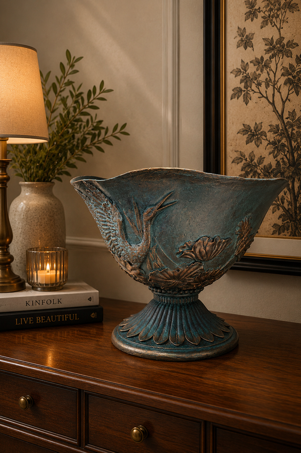 Planter Dark Green Grey Birds Design