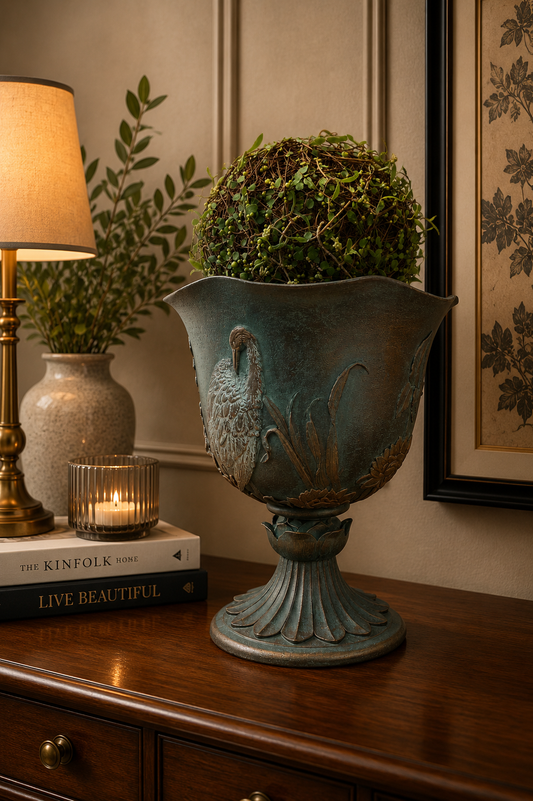 Planter Dark Green Grey Birds Design
