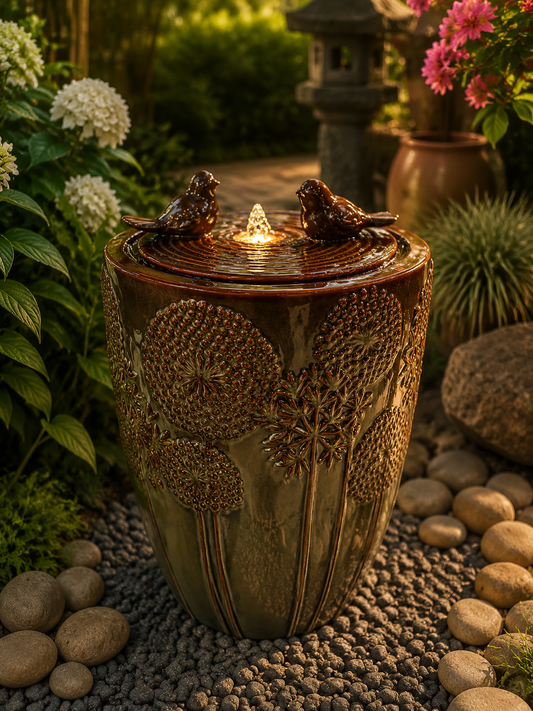 Aguadulce Glazed Ceramic Urn Shaped Fountain with Birds Sublime Colours