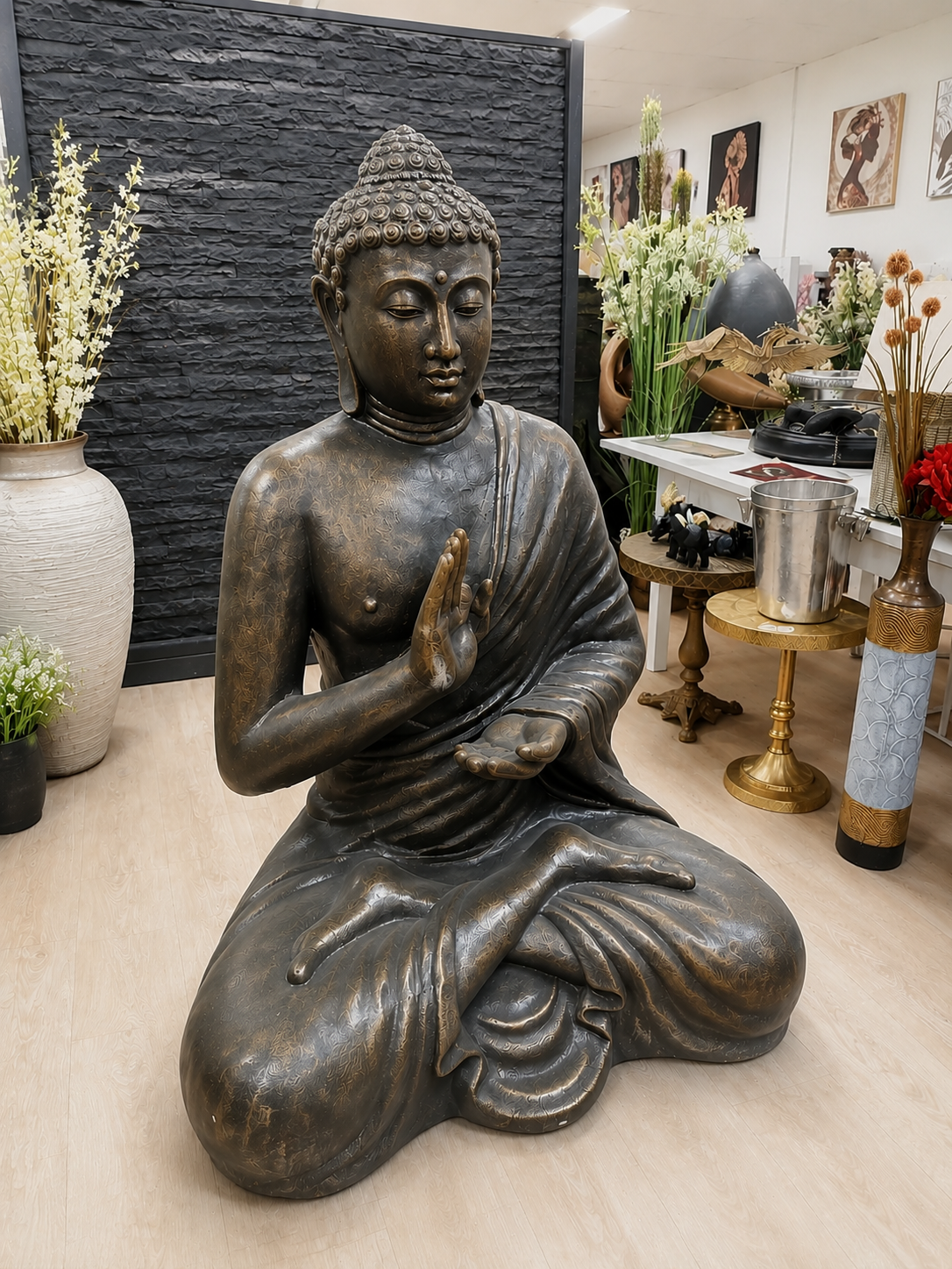 Mercy Buddha Statue Black Gold Cement Fibre Material Outdoor ETA 8 August