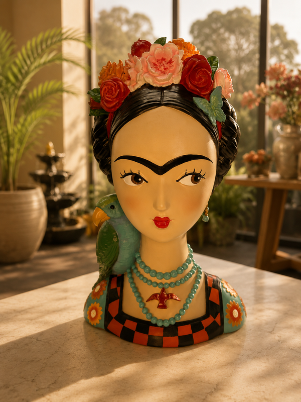 Mexicana Lady Bust with Parrot & Earrings in Vivid Colours Ceramic Finish