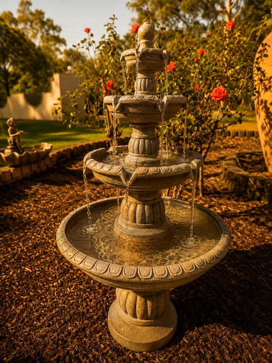 Siglo Spanish 4 Tier Fountain with Electric Pump - Grey Earthy Stone | 12 Month Warranty